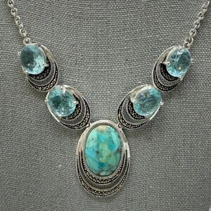 LE VIEUX Silver Tone Necklace 17" Blue Turquoise Swarovski Crystal‎ Marcasite